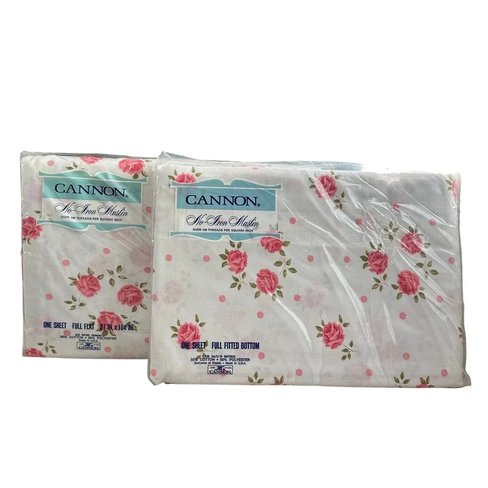 NEW Vintage Cannon No-Iron Muslin Full Flat & Fitted Sheet Set Rose Floral White